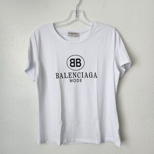 New Balenciaga Mode Logo Printed White Cotton Crewneck Womens T-Shirt Size 4